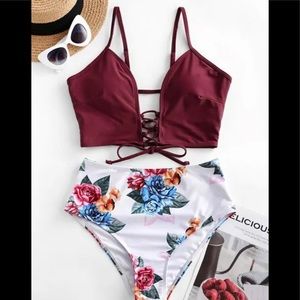 ZAFUL Lace-up Floral Leaf Tankini Swimsuit - Firebrick